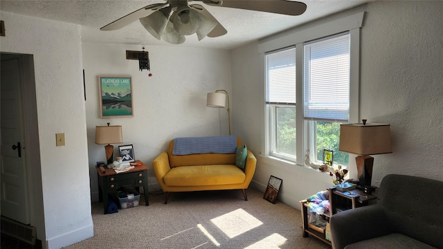 839 Evans Ave, Missoula, MT 59801 - sitting room featuring ceiling fan, plenty of natural light, carpet, a textured wall, and a textured ceiling