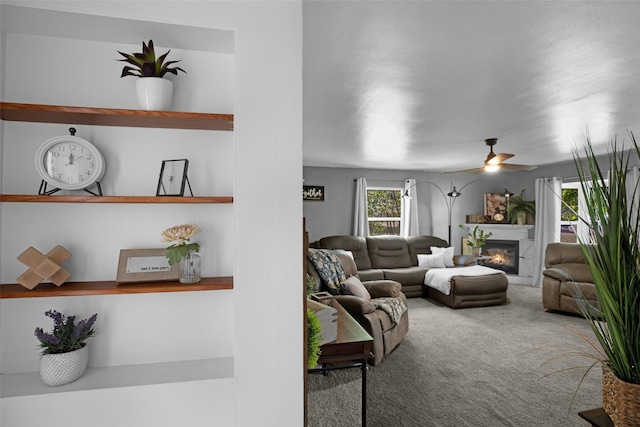 2321 8th Ave S, Great Falls, MT 59405 - living room with a glass covered fireplace, carpet, and ceiling fan
