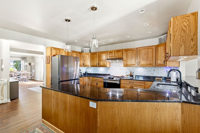 2604 5th Ave S, Great Falls, MT 59405 - kitchen featuring stainless steel appliances, a peninsula, wood finished floors, dark stone counters, and under cabinet range hood