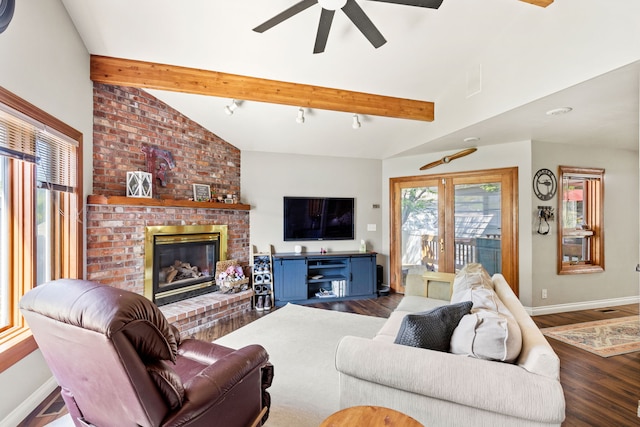2604 5th Ave S, Great Falls, MT 59405 - living area featuring a ceiling fan, dark wood-style flooring, and a brick fireplace