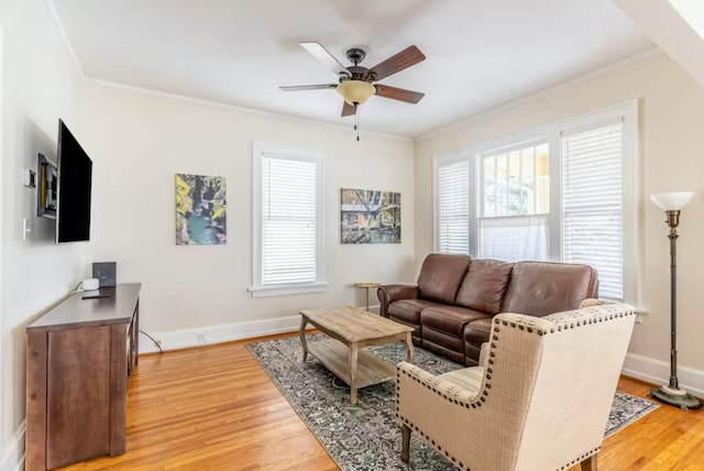 1046 3rd Ave E, Kalispell, MT 59901 - living room featuring ceiling fan, light wood-style flooring, and ornamental molding