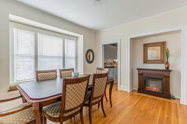 1046 3rd Ave E, Kalispell, MT 59901 - dining room featuring plenty of natural light, a glass covered fireplace, light wood finished floors, and ornamental molding