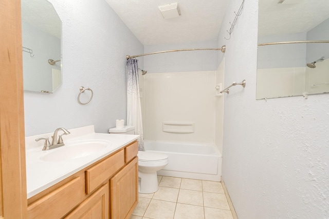 408 23rd Ave NE, Great Falls, MT 59404 - full bath with shower / bathtub combination with curtain, vanity, tile patterned floors, and a textured wall