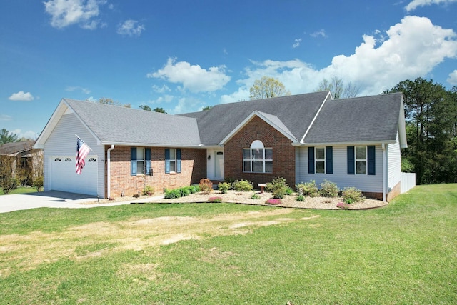 2506 Cindy St, Athens, TN 37303 - ranch-style house featuring concrete driveway, an attached garage, brick siding, a front yard, and a shingled roof