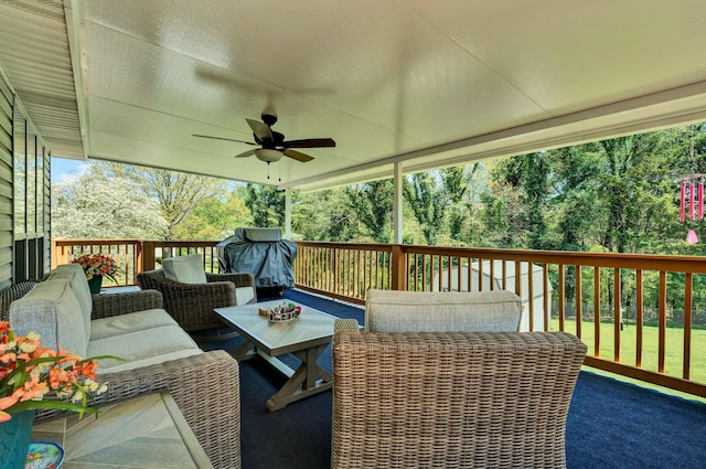 2506 Cindy St, Athens, TN 37303 - wooden deck with an outdoor hangout area, a ceiling fan, and view of scattered trees