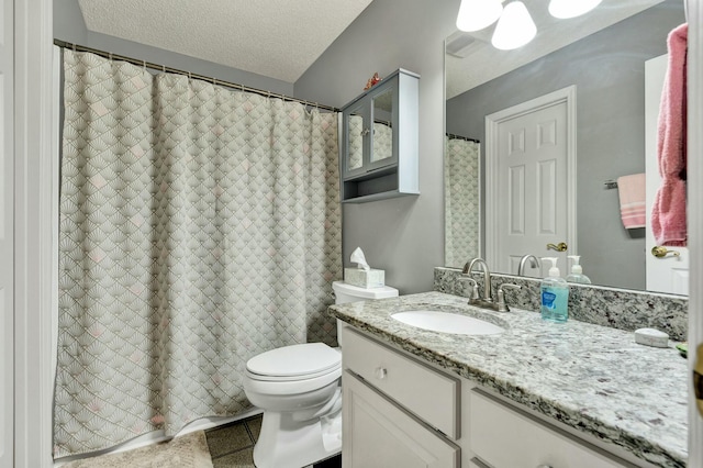 2506 Cindy St, Athens, TN 37303 - full bathroom with vanity, tile patterned floors, toilet, a textured ceiling, and a shower with curtain