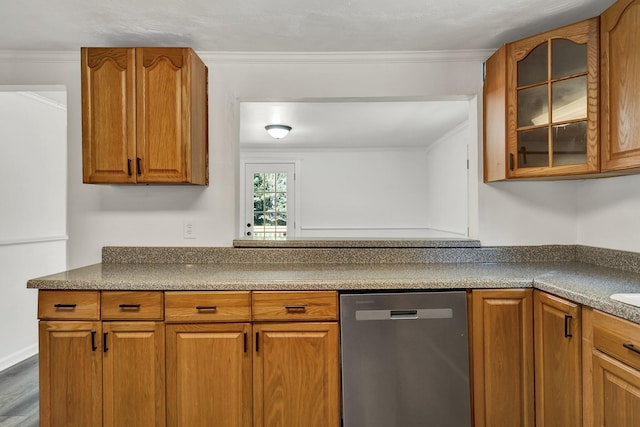 kitchen with stainless steel dishwasher, dark hardwood / wood-style floors, and crown molding