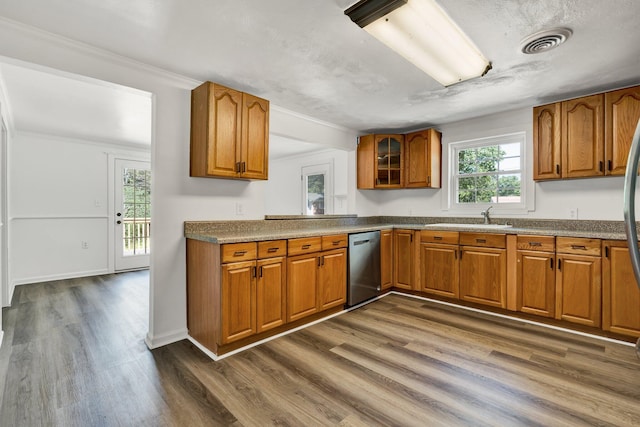 kitchen featuring dishwasher, plenty of natural light, and dark wood-type flooring