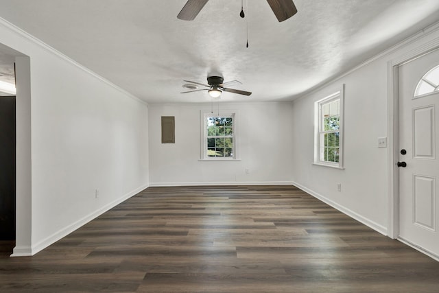 foyer with a textured ceiling, crown molding, ceiling fan, and dark hardwood / wood-style floors