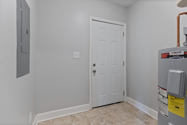 interior space with electric panel and water heater