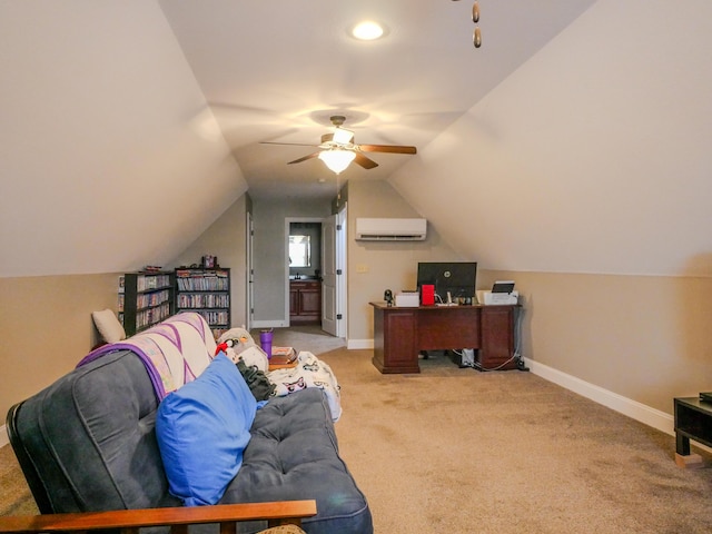 carpeted office with lofted ceiling, an AC wall unit, ceiling fan, and baseboards