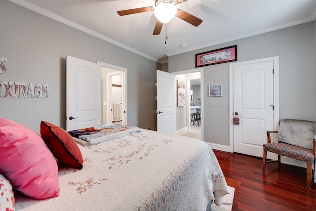 bedroom featuring ornamental molding, ceiling fan, baseboards, and dark wood finished floors