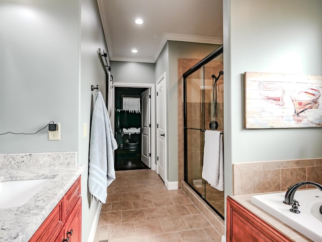 full bath with a stall shower, tile patterned floors, crown molding, a bath, and recessed lighting