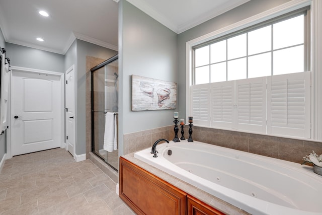 bathroom featuring recessed lighting, a stall shower, a whirlpool tub, and crown molding