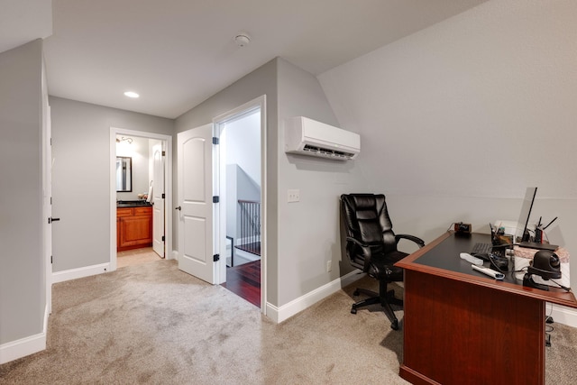home office featuring light colored carpet, recessed lighting, a wall mounted AC, and baseboards