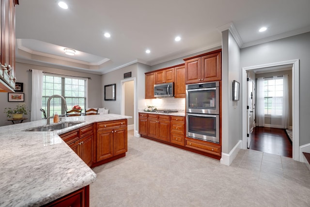 kitchen with ornamental molding, a sink, a wealth of natural light, and stainless steel appliances