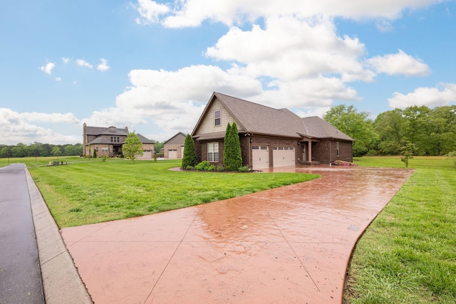 view of side of home featuring a lawn, driveway, brick siding, and an attached garage