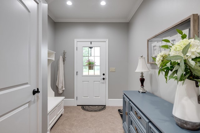 mudroom featuring baseboards, recessed lighting, and crown molding