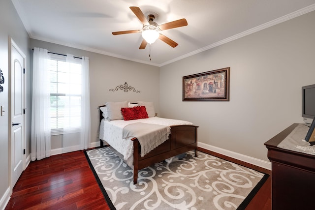 bedroom featuring ornamental molding, dark wood-style floors, and baseboards