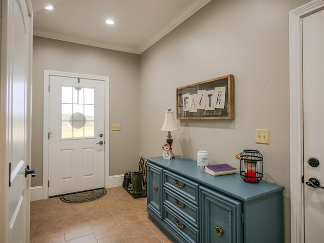 doorway with light tile patterned floors, recessed lighting, baseboards, and crown molding