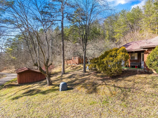 view of yard featuring a storage shed and an outdoor structure