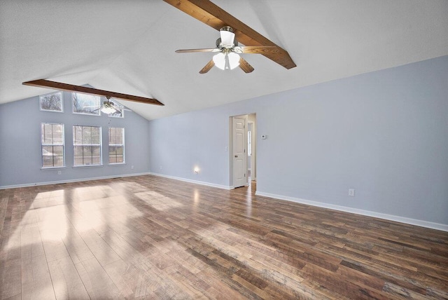 unfurnished room with baseboards, vaulted ceiling with beams, wood finished floors, and a ceiling fan