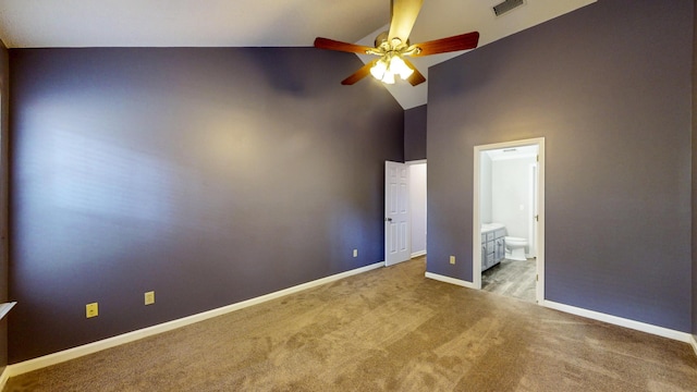 519 Cedar Glen Cir, Chattanooga, TN 37412 - unfurnished bedroom with high vaulted ceiling, baseboards, carpet flooring, ensuite bath, and a ceiling fan