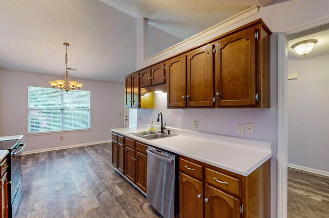 519 Cedar Glen Cir, Chattanooga, TN 37412 - kitchen featuring stainless steel appliances, a sink, dark wood finished floors, a chandelier, and light countertops