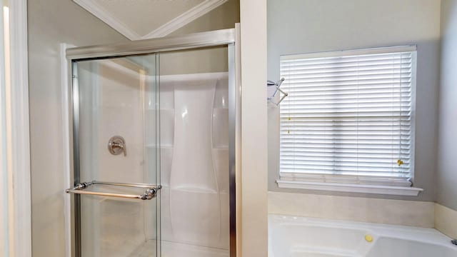 519 Cedar Glen Cir, Chattanooga, TN 37412 - bathroom featuring a stall shower, a bath, and crown molding