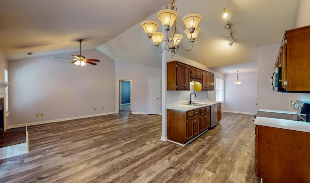 519 Cedar Glen Cir, Chattanooga, TN 37412 - kitchen with appliances with stainless steel finishes, lofted ceiling, a ceiling fan, dark wood-style flooring, and a sink