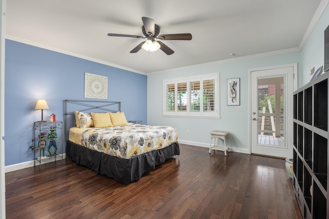 bedroom with ornamental molding, access to outside, ceiling fan, and dark wood-type flooring