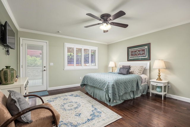 bedroom featuring access to outside, ceiling fan, dark wood-type flooring, and ornamental molding