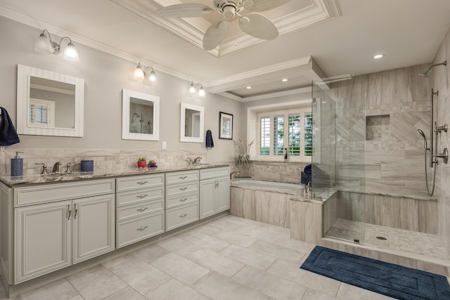 bathroom with ceiling fan, separate shower and tub, crown molding, decorative backsplash, and vanity