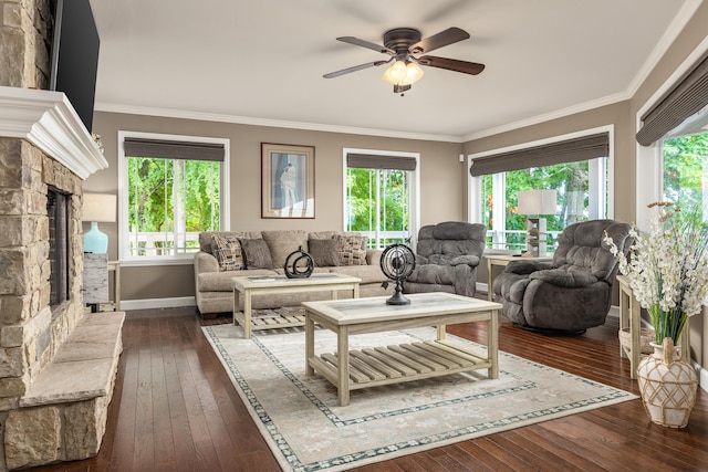 living room featuring ceiling fan, a stone fireplace, ornamental molding, and dark wood-type flooring