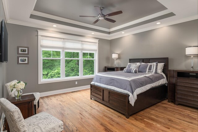 114 Monroe Dr, Ringgold, GA 30736 - bedroom with a tray ceiling, ornamental molding, light wood-style floors, baseboards, and ceiling fan