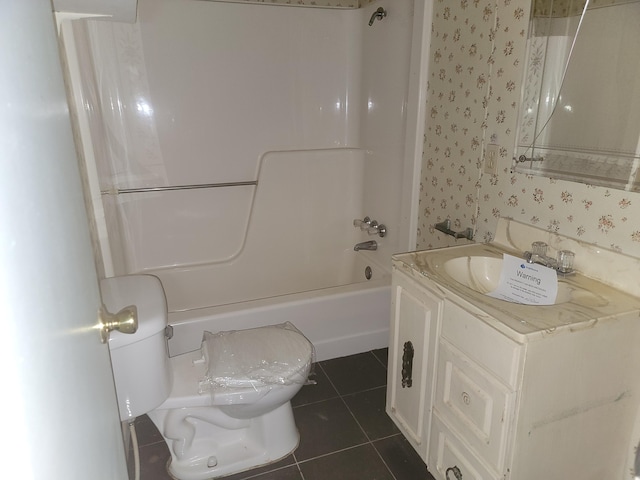138 Singo Dr, Turtletown, TN 37391 - bathroom featuring vanity, toilet, bathing tub / shower combination, tile patterned flooring, and wallpapered walls