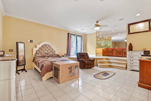 tiled bedroom featuring ceiling fan and ornamental molding