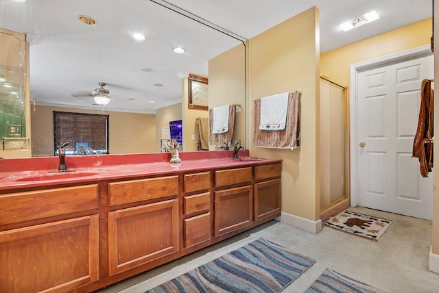 bathroom featuring an enclosed shower, concrete flooring, vanity, ceiling fan, and crown molding