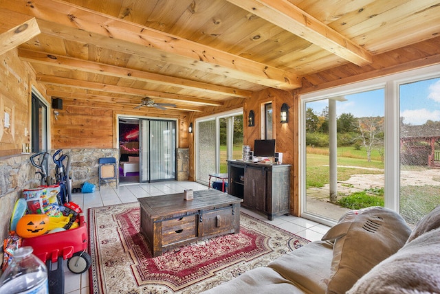 sunroom with beamed ceiling, ceiling fan, and wooden ceiling