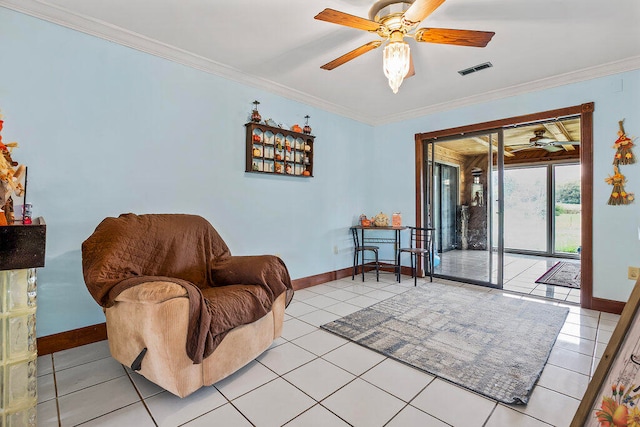 living area featuring crown molding and light tile patterned flooring