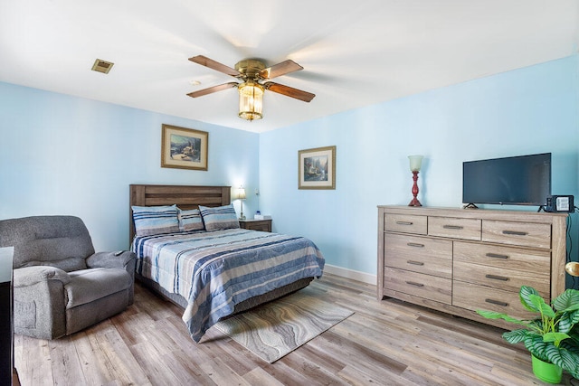 bedroom featuring ceiling fan and light wood-type flooring