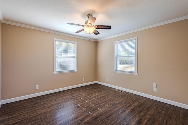 unfurnished room with ceiling fan, ornamental molding, and dark hardwood / wood-style flooring