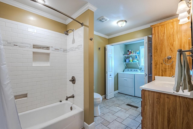 full bathroom with shower / tub combo with curtain, toilet, washer and dryer, ornamental molding, and vanity