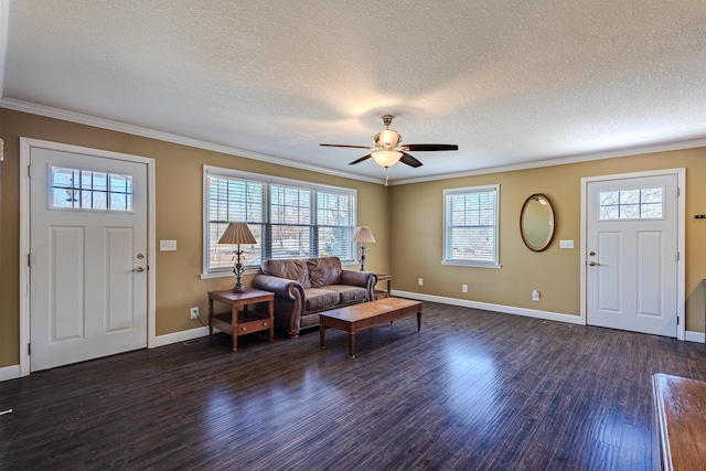 living room featuring ornamental molding, a textured ceiling, and dark hardwood / wood-style flooring