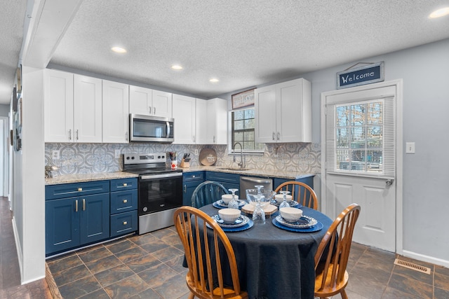 kitchen with blue cabinets, stainless steel appliances, a sink, white cabinetry, and tasteful backsplash