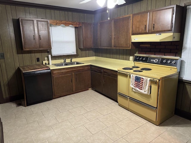 kitchen with a ceiling fan, a sink, light countertops, white range with electric stovetop, and under cabinet range hood