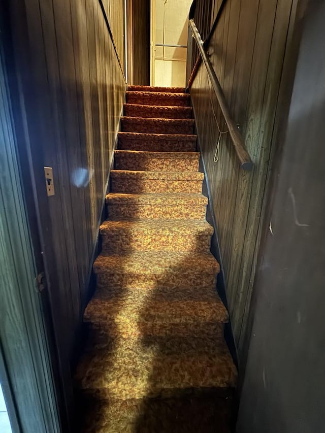 staircase with wooden walls