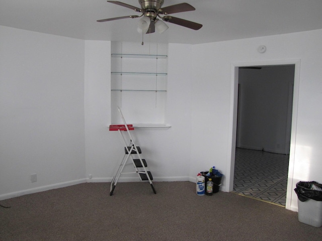 game room with ceiling fan, carpet floors, and baseboards