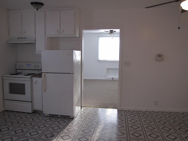 kitchen with white appliances, baseboards, ceiling fan, under cabinet range hood, and white cabinetry