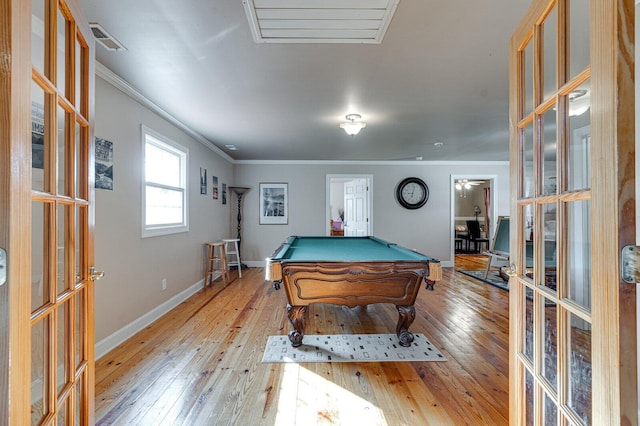 playroom featuring visible vents, ornamental molding, light wood-type flooring, pool table, and french doors